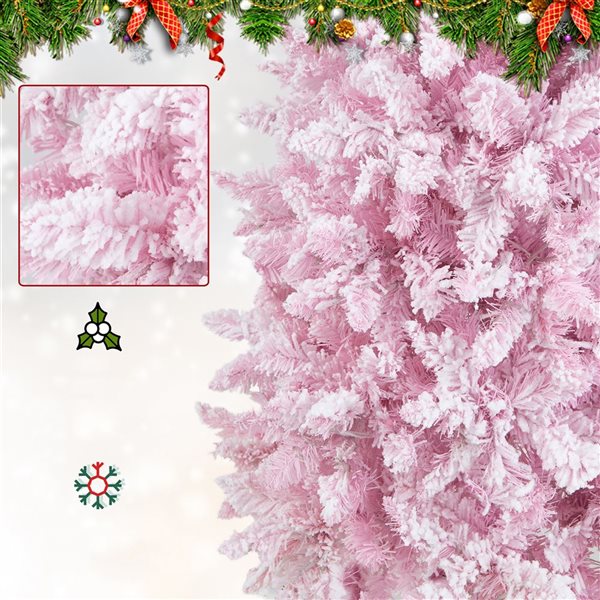 Costway 7-ft Pre-Lit Snow Flocked Hinged Pink Christmas Tree with 300 Warm White LED Lights - 8 Flash Modes
