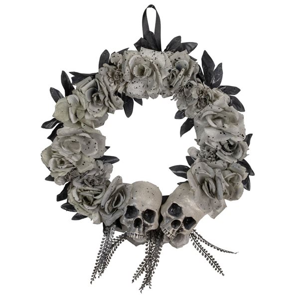 Northlight 16-in diameter Indoor Double Skull and Grey Roses Halloween Wreath