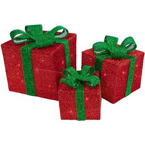 Northlight Set of 3 10-in Tinsel Gift Boxes Christmas Decoration with Lights