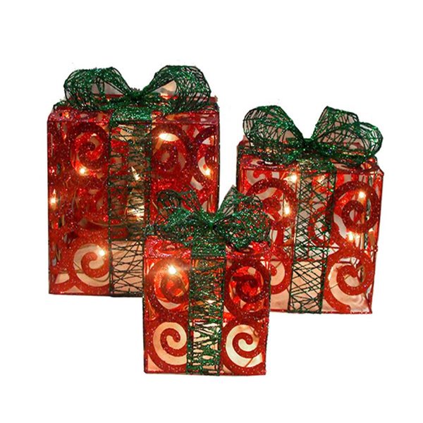 Northlight Set of 3 10-in Swirl Glitter Gift Boxes Christmas Decoration with Lights