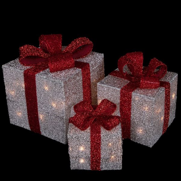 Northlight Set of 3 9-in Silver Tinsel Gift Boxes Christmas Decoration with Lights