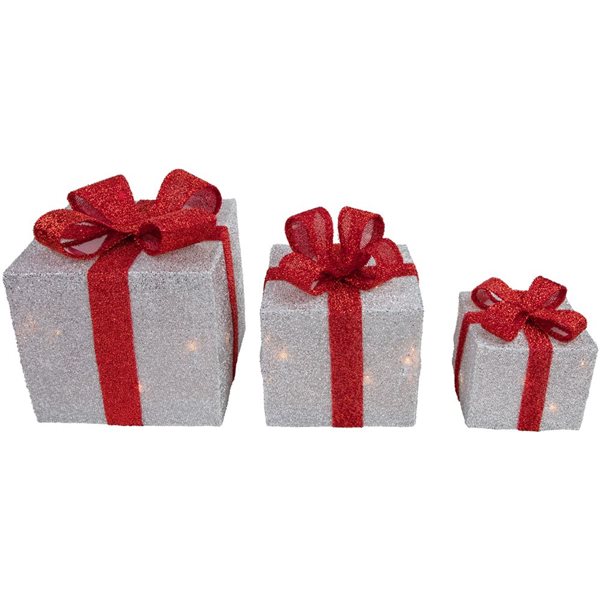 Northlight Set of 3 9-in Silver Tinsel Gift Boxes Christmas Decoration with Lights