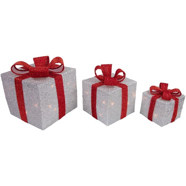 Northlight Set of 3 9-in Silver Tinsel Gift Boxes Christmas Decoration with Lights