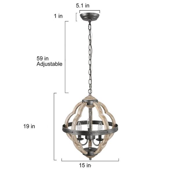 Lustre de ferme en bois gris patiné à 3 lumières LNC Natural