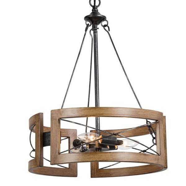 LNC 3-Lights Wood Brown and Black Modern Farmhouse Drum Chandelier