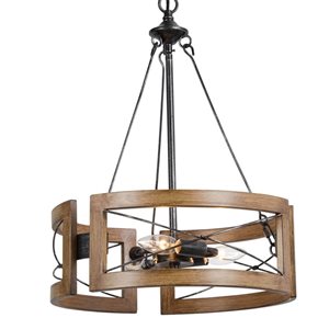 LNC 3-Lights Wood Brown and Black Modern Farmhouse Drum Chandelier