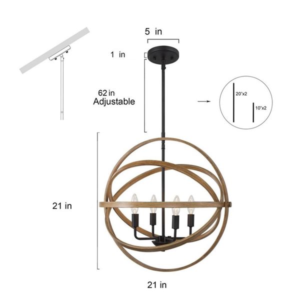 Lustre moderne à 4 ampoules LNC Earth brun antique et noir mat