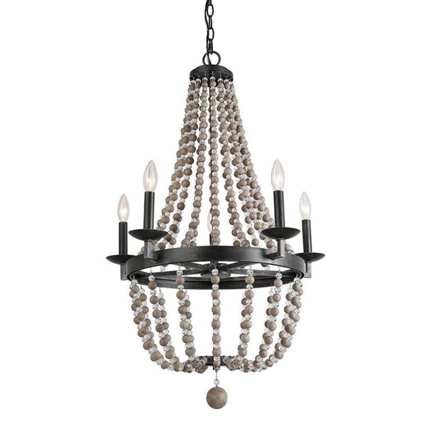 LNC Mocha 5-Light Distressed Gray Wood with Brushed Black Bohemian Chandelier