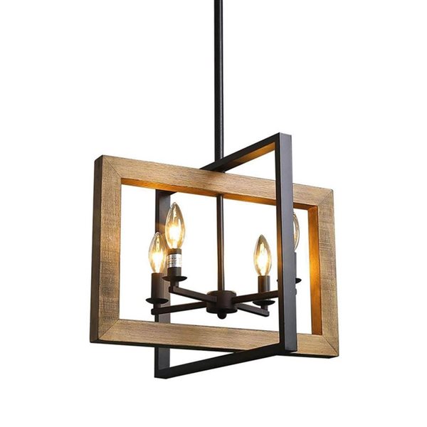 LNC Titus 4-Light Sand Black and Brown Wood Farmhouse LED Chandelier