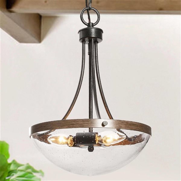 LNC 3-Light Rustic Black and Brown Wood Bowl Modern Chandelier