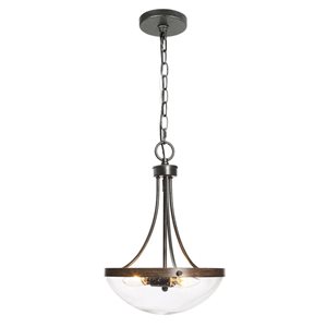 LNC 3-Light Rustic Black and Brown Wood Bowl Modern Chandelier