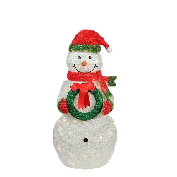 Northlight 38-in Lighted White and Red Tinsel Snowman with Wreath