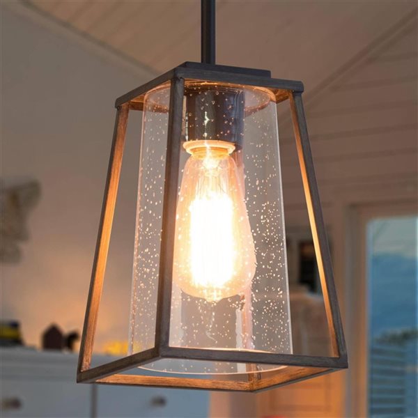 LNC Lapps Wood Tone and Matte Black Farmhouse Seeded Glass Lantern LED Mini Kitchen Island Light