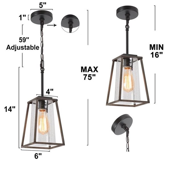 LNC Lapps Wood Tone and Matte Black Farmhouse Seeded Glass Lantern LED Mini Kitchen Island Light