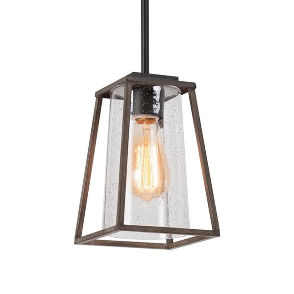 LNC Lapps Wood Tone and Matte Black Farmhouse Seeded Glass Lantern LED Mini Kitchen Island Light