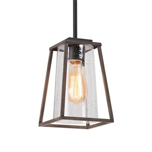 LNC Lapps Wood Tone and Matte Black Farmhouse Seeded Glass Lantern LED Mini Kitchen Island Light