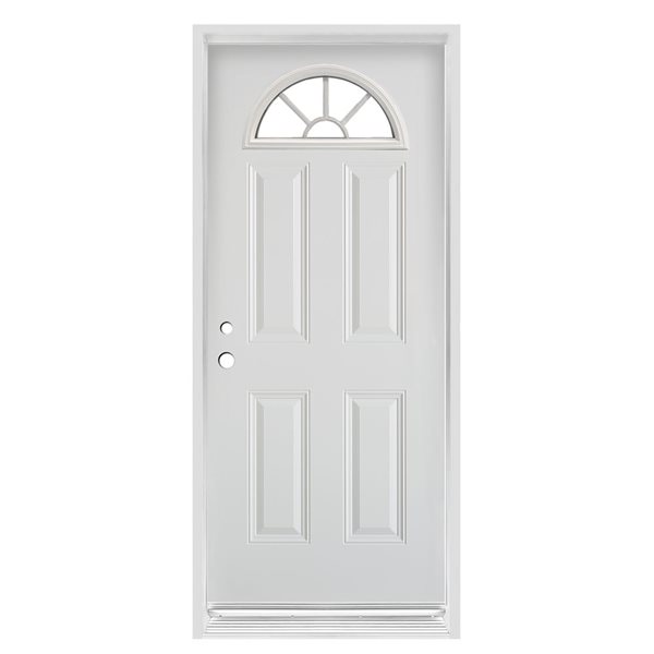 Porte d'entrée en acier blanc à 4 panneaux et ouverture vers la droite Dusco Doors de 36 po x 80 po avec verre transparent