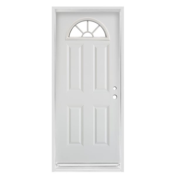 Porte d'entrée en acier blanc à 4 panneaux et ouverture vers la gauche Dusco Doors de 36 po x 80 po avec verre transparent