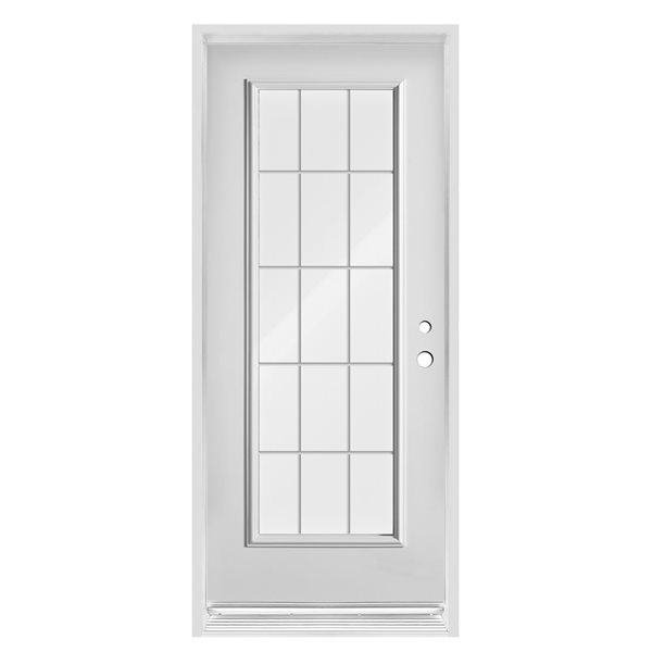 Porte d'entrée en acier blanc à carreaux clairs à ouverture vers la gauche Dusco Doors de 32 po x 80 po