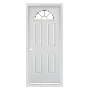 Dusco Doors 32-in x 80-in Clear Fan Lite 4-Panel Prefinished White Right-Hand Inswing Steel Prehung Front Door