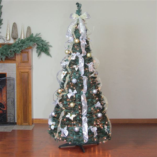 Northlight 6-ft Pre-Lit Silver and Gold Pre-Decorated Pop-Up Artificial Christmas Tree - Clear Lights