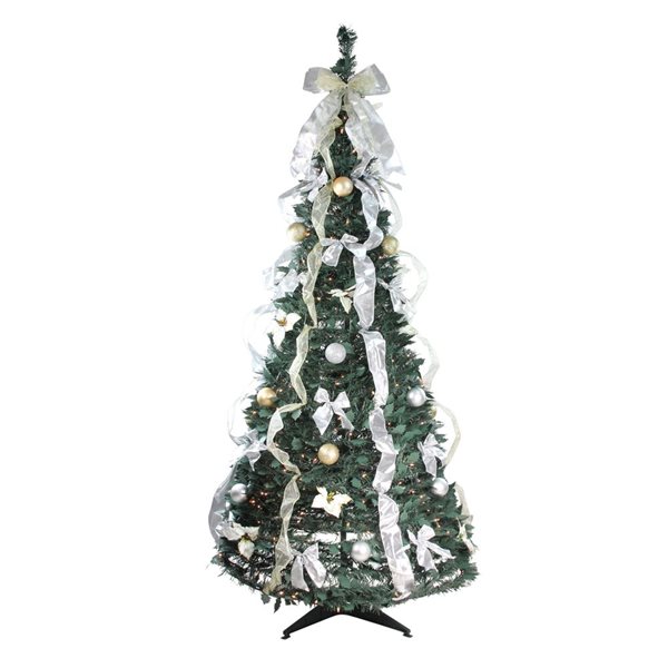 Northlight 6-ft Pre-Lit Silver and Gold Pre-Decorated Pop-Up Artificial Christmas Tree - Clear Lights