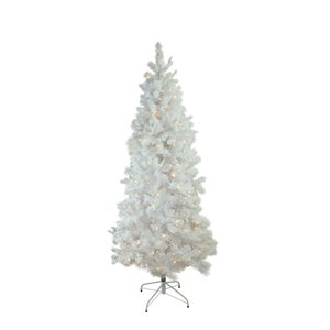 Northlight 7.5-ft Pre-lit Leg Base Slim Rightside-up Flocked White Artificial Christmas Tree with White Warm LED Lights