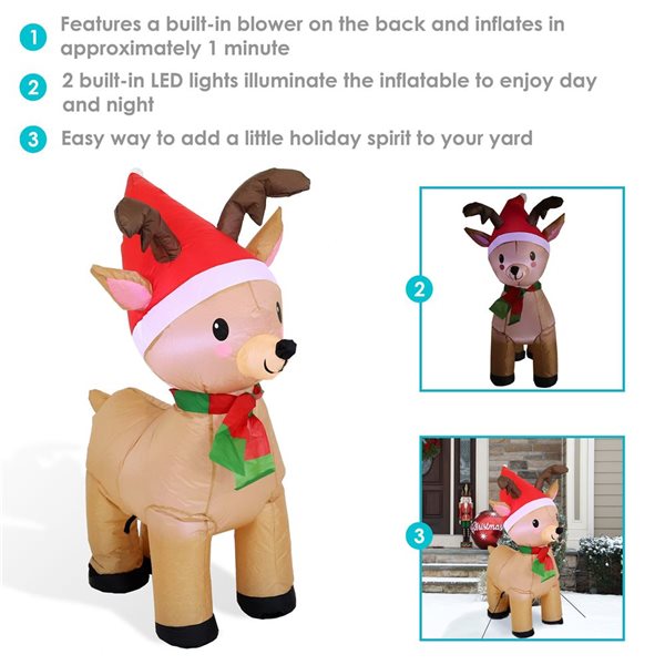 Sunnydaze Inflatable Christmas Decoration Santa's Cheerful Reindeer 3.5-ft