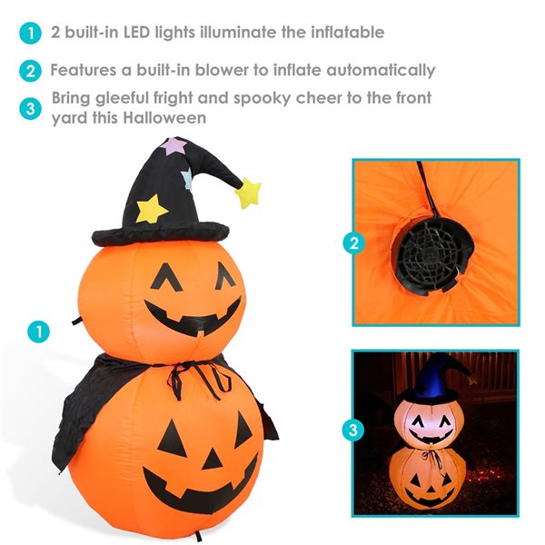 Sunnydaze Double Jack-O-Lantern with Witch Hat and Cape Inflatable Decoration 4-ft