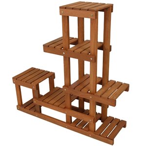 Sunnydaze Meranti Wood Multi-Tiered Indoor/Outdoor Plant Stand Brown Teak Finish 9.75-in x 35.75-in x 36.25-in H