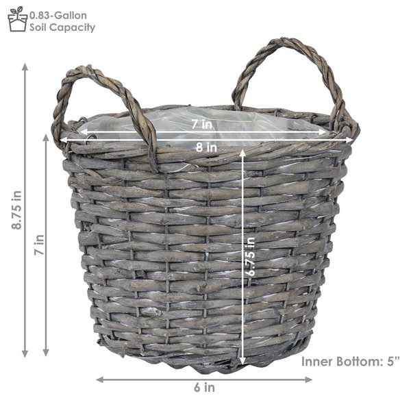 Sunnydaze 5 Wicker Rattan Basket Planters with Handles and Plastic Lining Gray 8-in