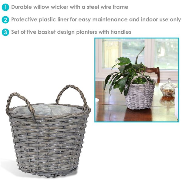 Sunnydaze 5 Wicker Rattan Basket Planters with Handles and Plastic Lining Gray 8-in