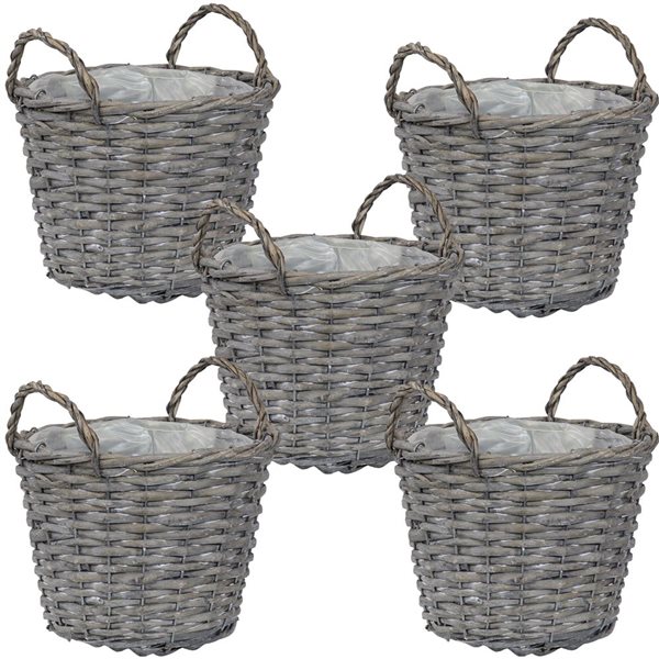 SUNNYDAZE DECOR Sunnydaze 5 Wicker Rattan Basket Planters with Handles and Plastic Lining Gray 8