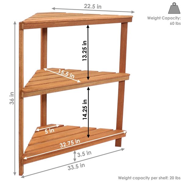 Sunnydaze Meranti Corner Plant Stand Wood Teak Oil Finish 3-Tier Indoor/Outdoor Brown 15,5-in x 33,5-in x 36-in H