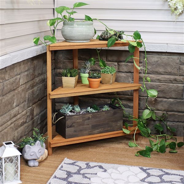 Sunnydaze Meranti Corner Plant Stand Wood Teak Oil Finish 3-Tier Indoor/Outdoor Brown 15,5-in x 33,5-in x 36-in H