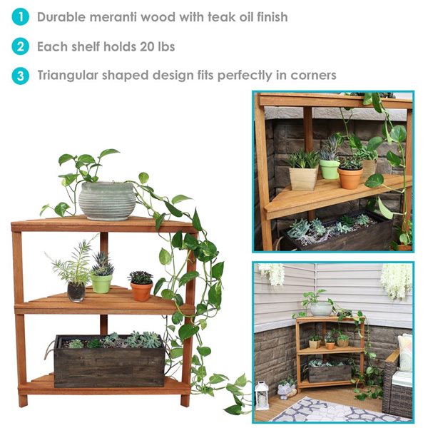 Sunnydaze Meranti Corner Plant Stand Wood Teak Oil Finish 3-Tier Indoor/Outdoor Brown 15,5-in x 33,5-in x 36-in H