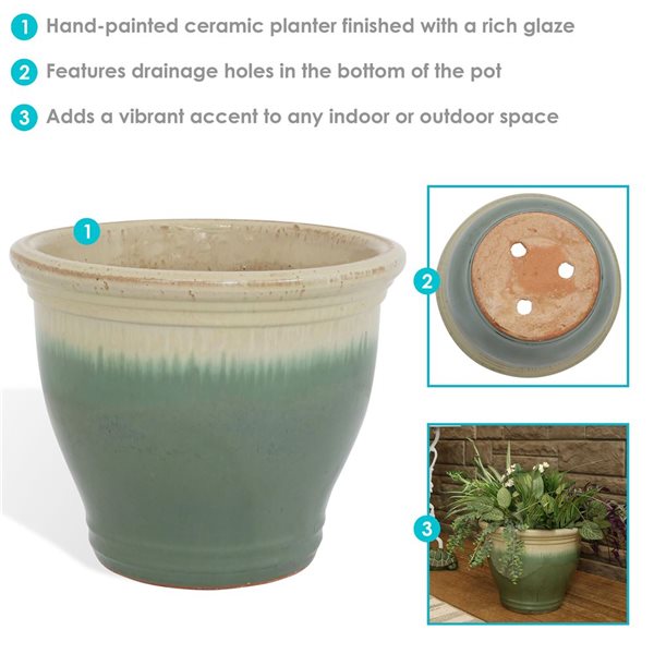 Sunnydaze Studio Ceramic Indoor/Outdoor Planter Green Seafoam 15-in