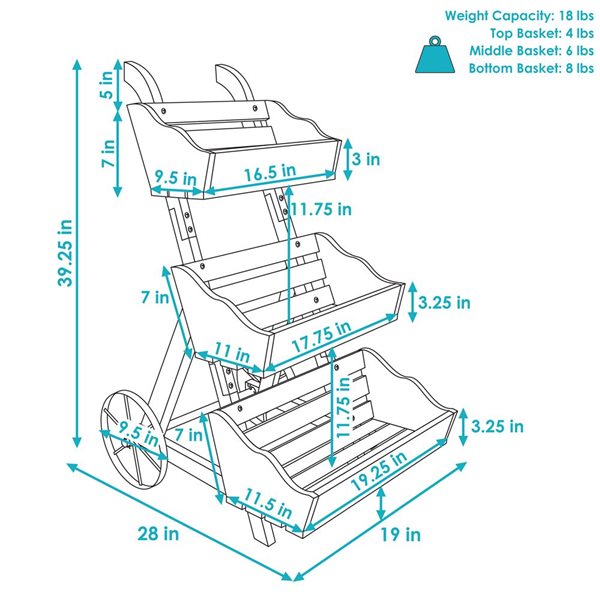 Sunnydaze 3-Tier Wooden Rolling Planter Brown Wood 28-in x 39.25-in