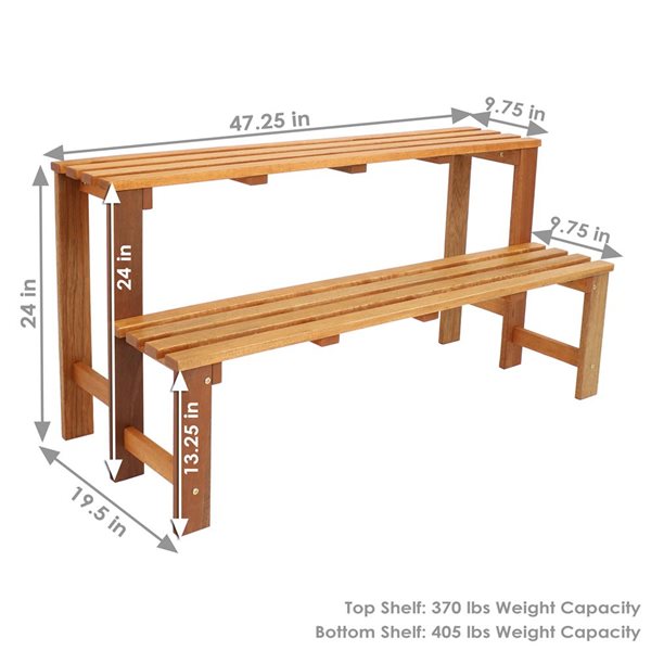 Sunnydaze 2-Tier Meranti Wood Plant Stand Brown Teak Oil Finish 47.25-in x 19.5-in x 24-in