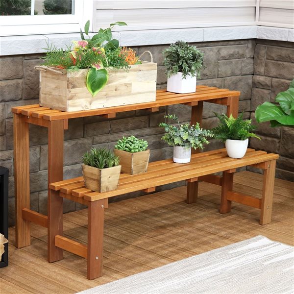 Sunnydaze 2-Tier Meranti Wood Plant Stand Brown Teak Oil Finish 47.25-in x 19.5-in x 24-in