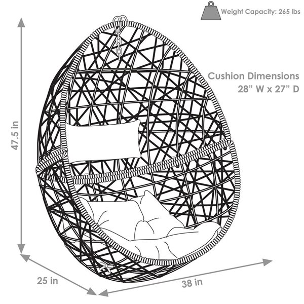 Sunnydaze Caroline Hanging Egg Chair Resin Wicker Beige Cushions 8-in x 25-in x 47.5-in