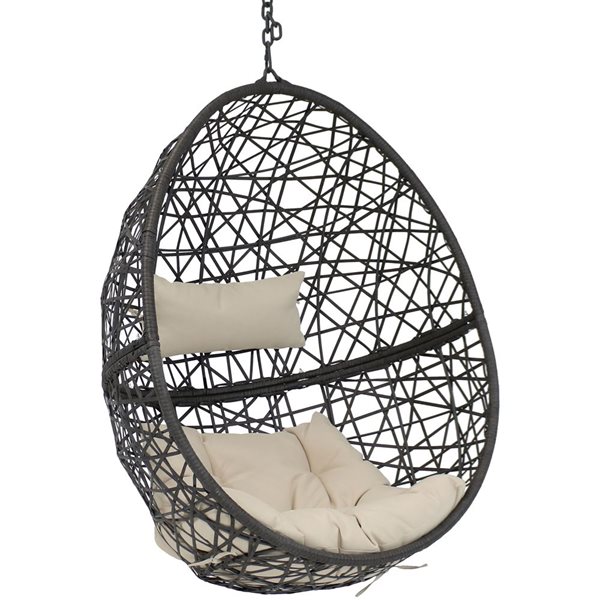 Sunnydaze Caroline Hanging Egg Chair Resin Wicker Beige Cushions 8-in x 25-in x 47.5-in