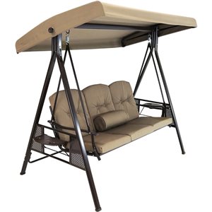 Sunnydaze 3-Person Adjustable Tilt Canopy Patio Swing with Attached Side Table Beige