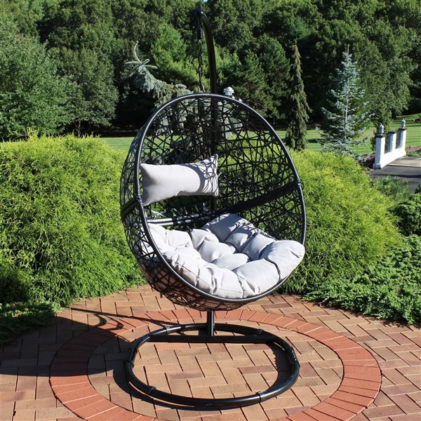 SUNNYDAZE DECOR Sunnydaze Jackson Hanging Egg Chair with Gray Cushions and Black Stand Set TF 627 RONA