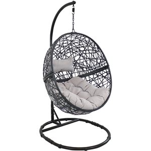 Sunnydaze Jackson Hanging Egg Chair with Gray Cushions and Black Stand Set