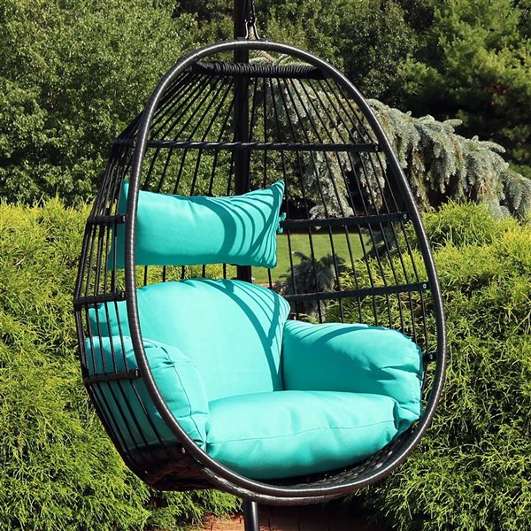 Sunnydaze Dalia Hanging Egg Chair Blue Seat Cushions 45-in