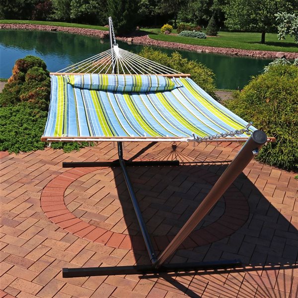 Sunnydaze Quilted Fabric Hammock Bed with Heavy Duty Stand - Blue & Green