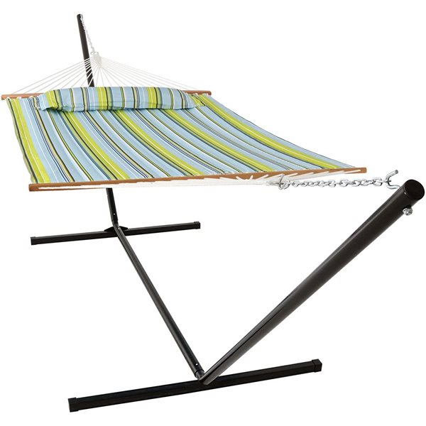 Sunnydaze Quilted Fabric Hammock Bed with Heavy Duty Stand - Blue & Green