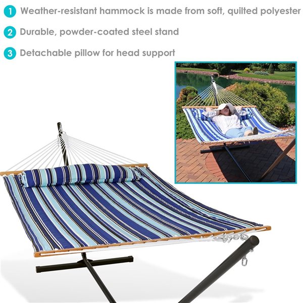 Sunnydaze Quilted Fabric Hammock Bed with Stand Blue Catalina Beach 12-ft