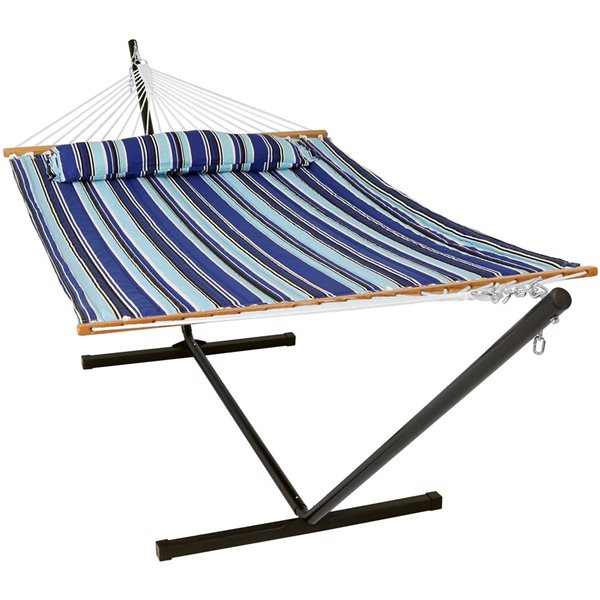 Sunnydaze Quilted Fabric Hammock Bed with Stand Blue Catalina Beach 12-ft